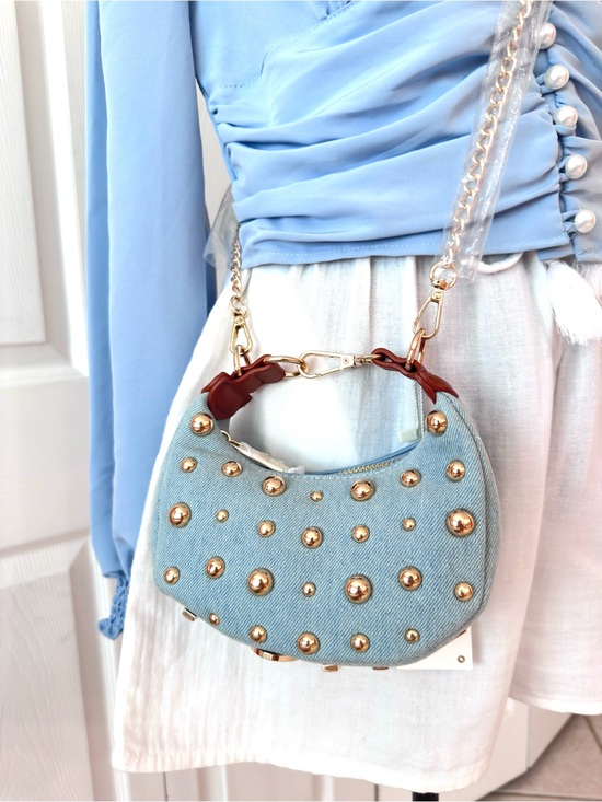 Le Miel Handbags - LE MIEL ~ Light Wash Denim Gold Studded Mini Bag w/Crossbody Chain Vegan PU